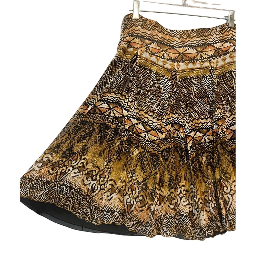 CHICO'S Women's 100% Silk Skirt Sz 12 LG Brown White Geometric Indie Boho Forest